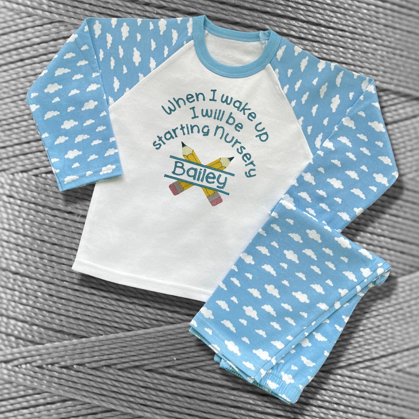 Childrens Personalised Embroidered Pyjamas Saying 'When I wake up I will be starting nursery'. Cute Pencil Design with Child's Name.