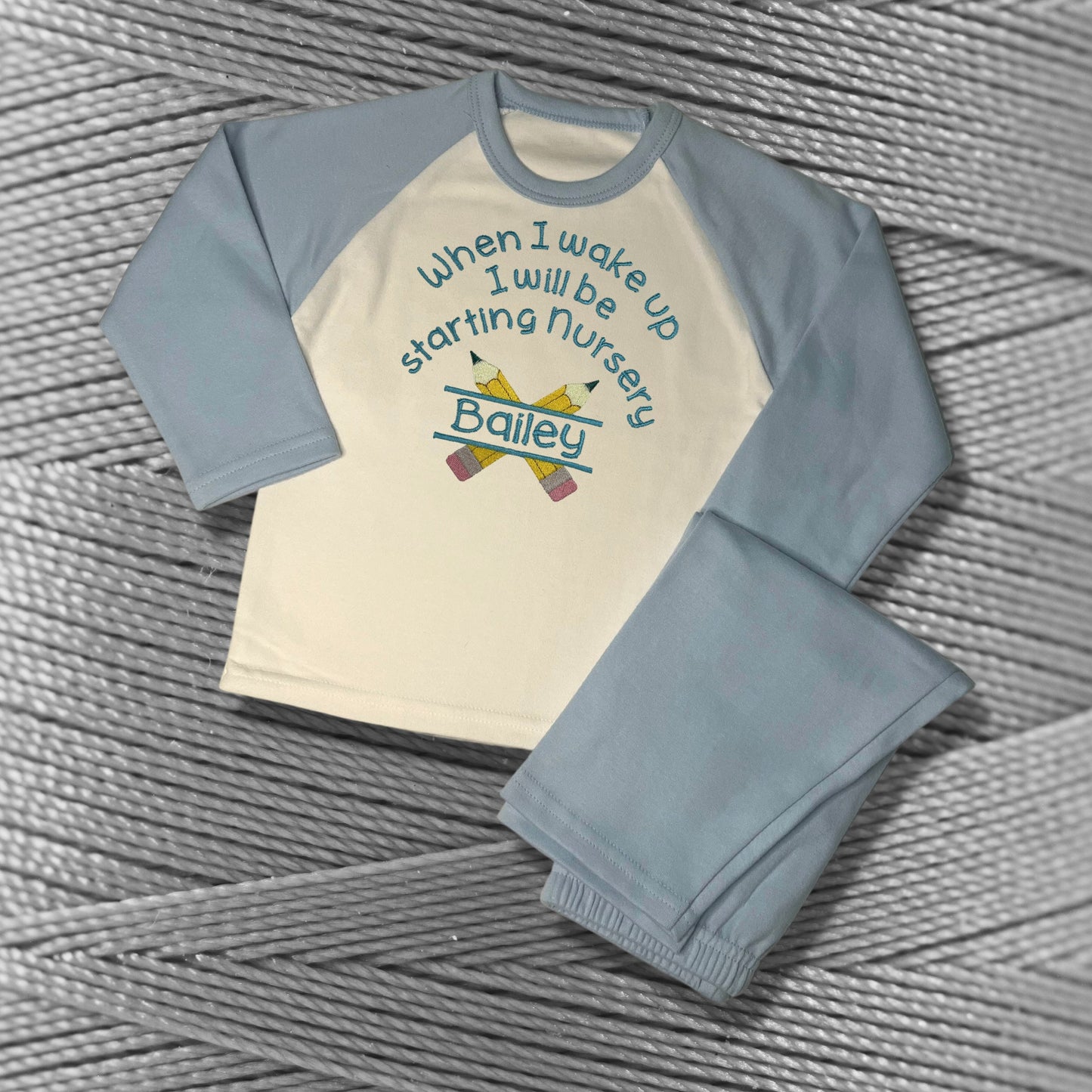 Childrens Personalised Embroidered Pyjamas Saying 'When I wake up I will be starting nursery'. Cute Pencil Design with Child's Name.