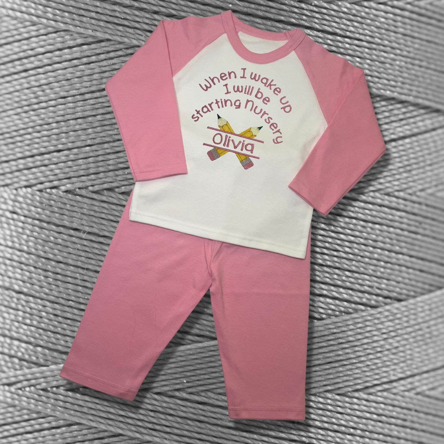 Childrens Personalised Embroidered Pyjamas Saying 'When I wake up I will be starting nursery'. Cute Pencil Design with Child's Name.