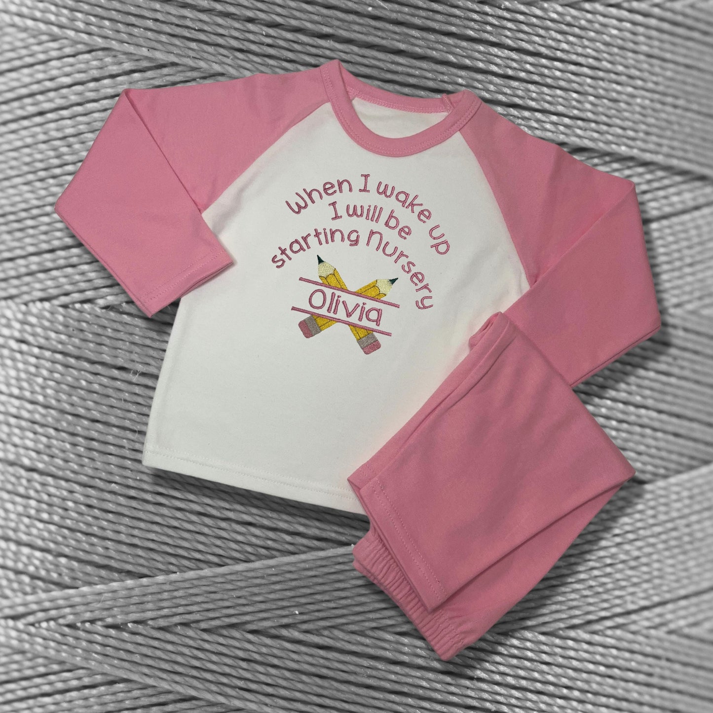 Childrens Personalised Embroidered Pyjamas Saying 'When I wake up I will be starting nursery'. Cute Pencil Design with Child's Name.