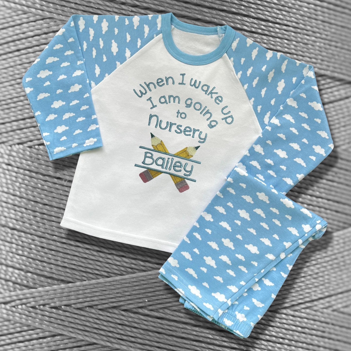 Childrens Personalised Embroidered Pyjamas Saying 'When I wake up I am going to Nursery'. Cute Pencil Design with Child's Name.