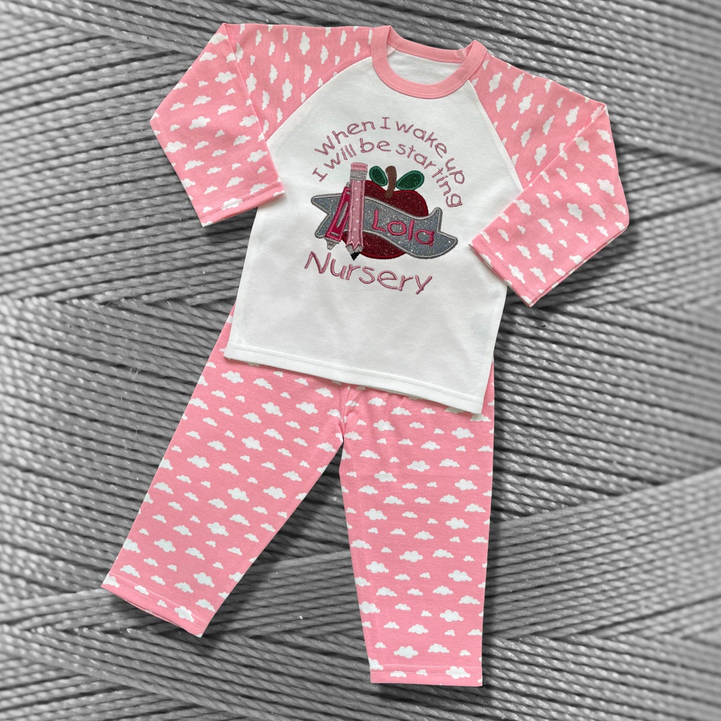 Childrens Personalised Embroidered Pyjamas Saying 'When I wake up I will be starting Nursery'. Cute Apple Design with Child's Name.