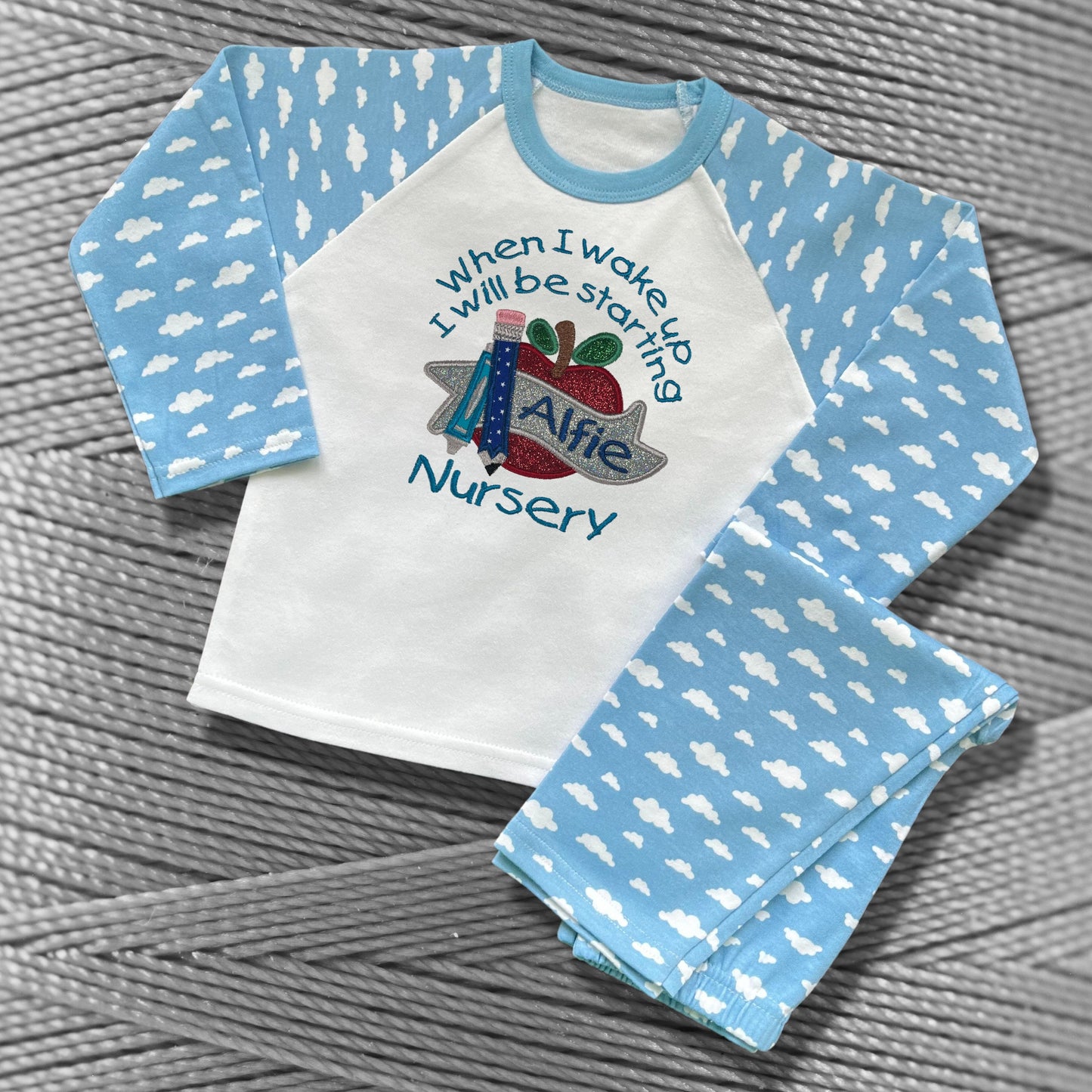 Childrens Personalised Embroidered Pyjamas Saying 'When I wake up I will be starting Nursery'. Cute Apple Design with Child's Name.