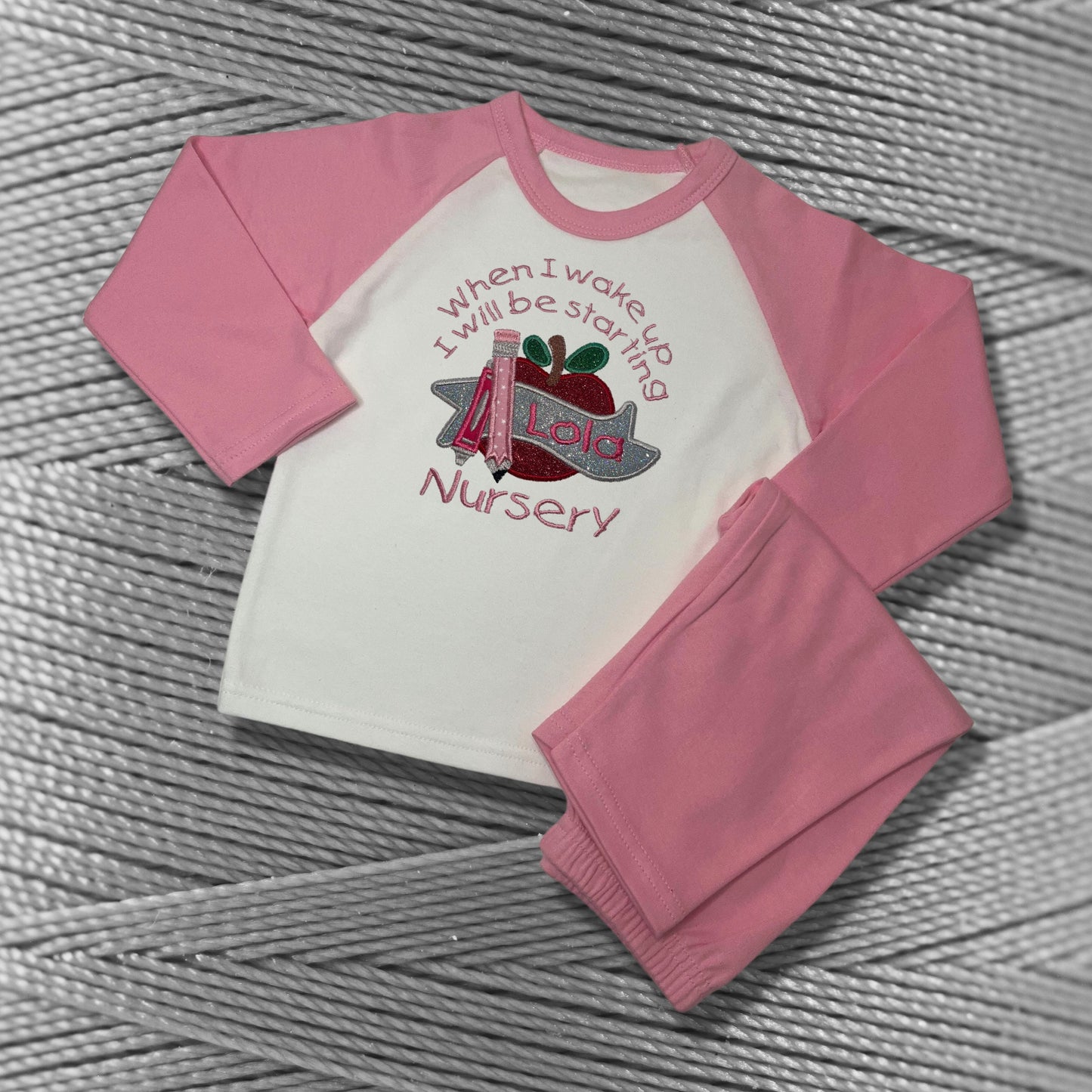 Childrens Personalised Embroidered Pyjamas Saying 'When I wake up I will be starting Nursery'. Cute Apple Design with Child's Name.