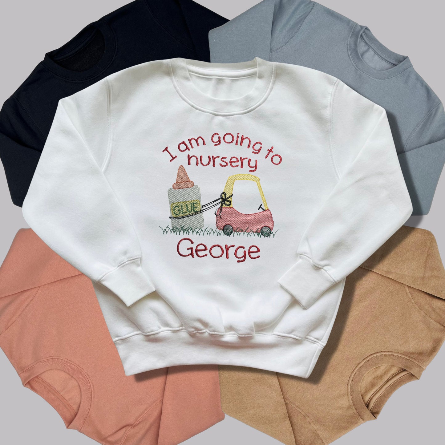 Personalised Embroidered Childrens Top. Cute Red Car Towing Glue Saying 'I am going to nursery' Personalised with Name. Choice of Garments