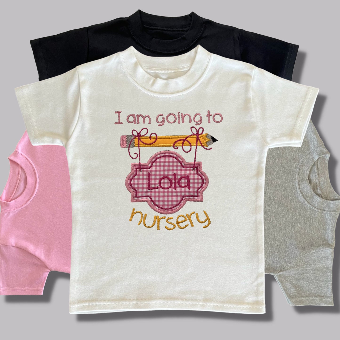 Personalised Embroidered 'I am going to nursery' Top with Blue or Pink Gingham Design. Personalised with Child's Name. Choice of Garment