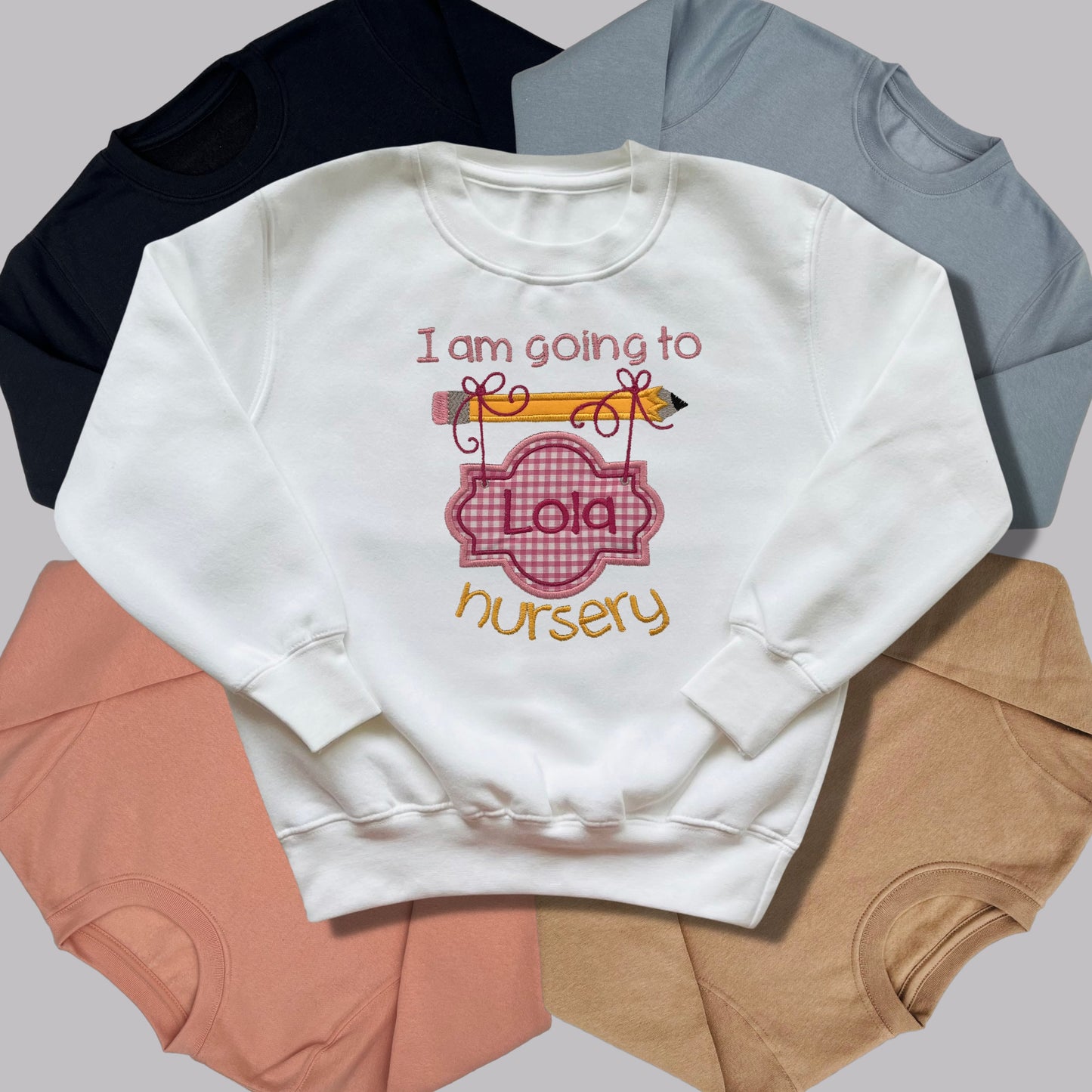 Personalised Embroidered 'I am going to nursery' Top with Blue or Pink Gingham Design. Personalised with Child's Name. Choice of Garment
