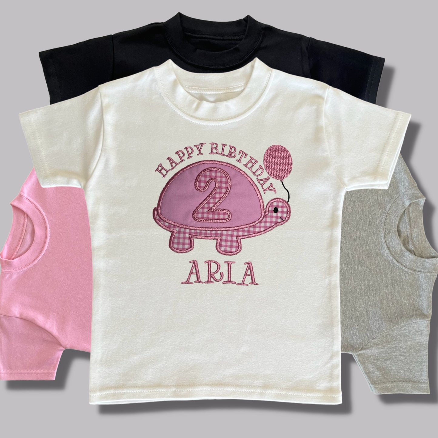 Personalised Embroidered Children's Birthday Top. Cute Applique Embroidered Turtle Personalised with Age and Name Perfect Birthday Outfit