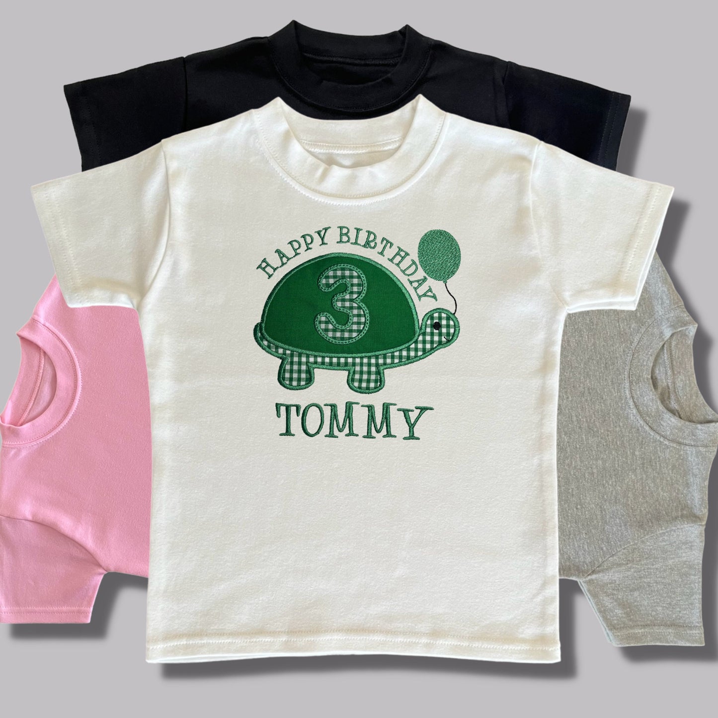 Personalised Embroidered Children's Birthday Top. Cute Applique Embroidered Turtle Personalised with Age and Name Perfect Birthday Outfit