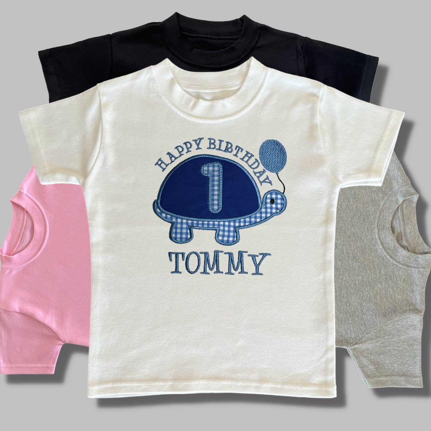 Personalised Embroidered Children's Birthday Top. Cute Applique Embroidered Turtle Personalised with Age and Name Perfect Birthday Outfit
