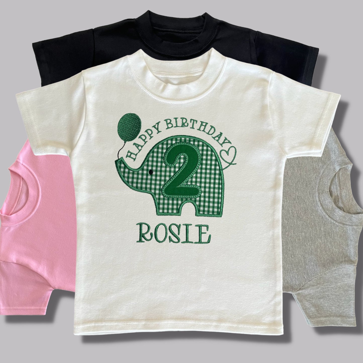 Personalised Embroidered Children's Birthday Top. Cute Applique Embroidered Elephant Personalised with Age and Name Perfect Birthday Outfit
