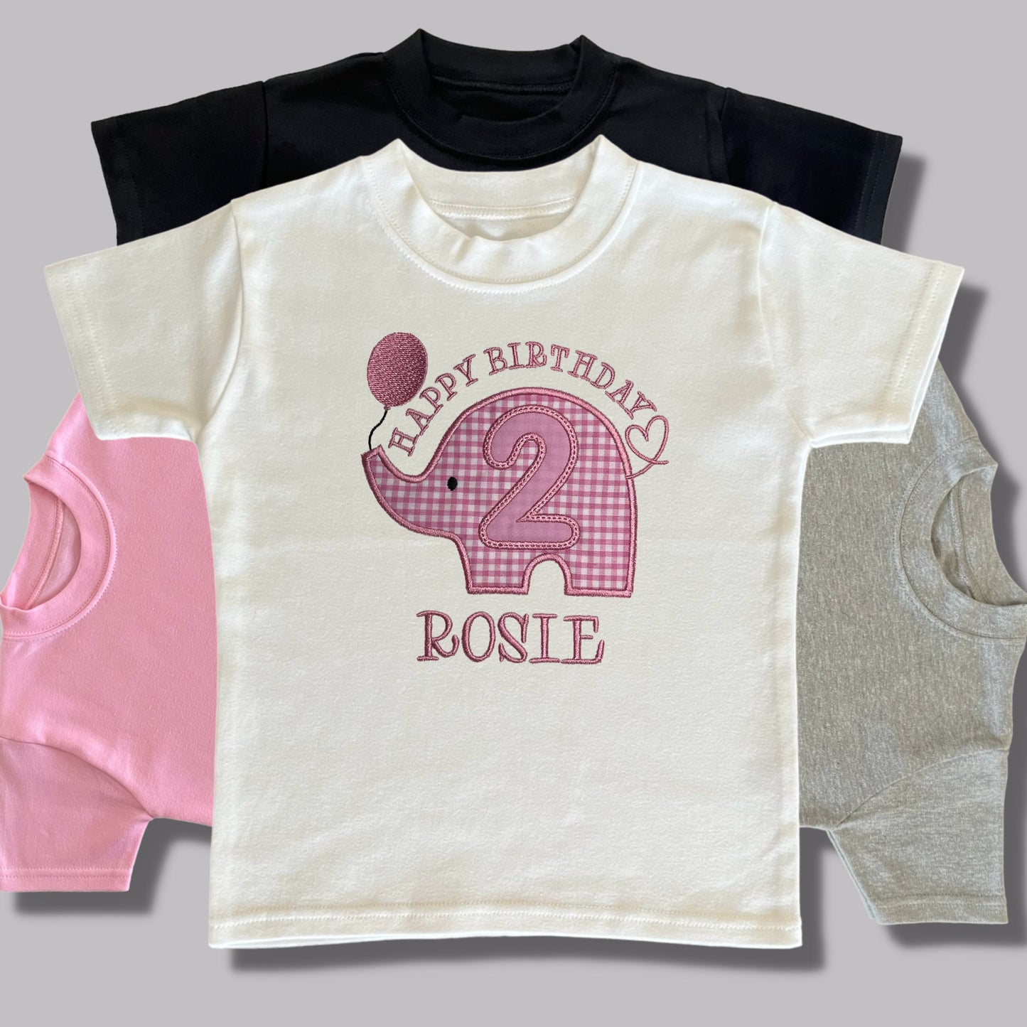 Personalised Embroidered Children's Birthday Top. Cute Applique Embroidered Elephant Personalised with Age and Name Perfect Birthday Outfit