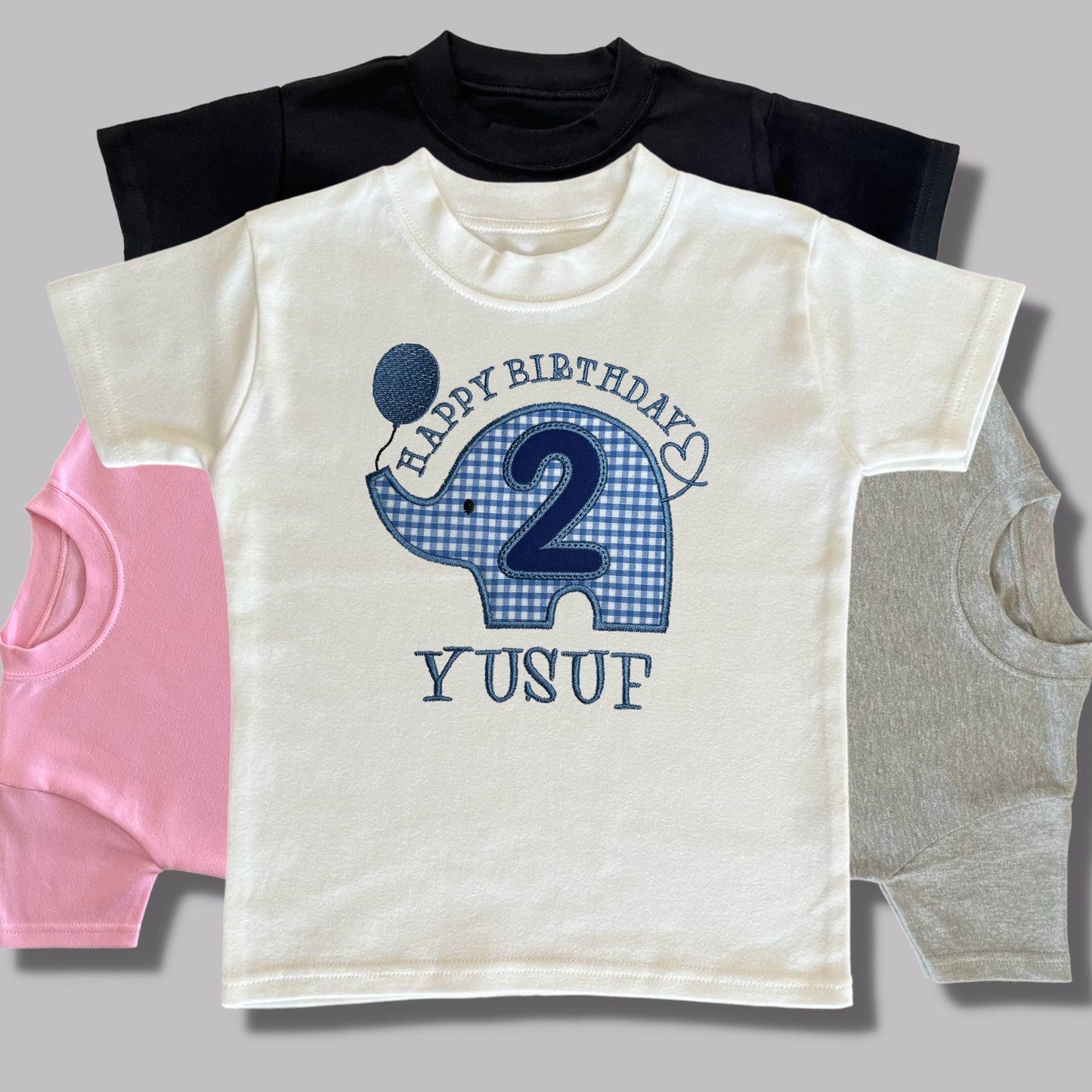 Personalised Embroidered Children's Birthday Top. Cute Applique Embroidered Elephant Personalised with Age and Name Perfect Birthday Outfit