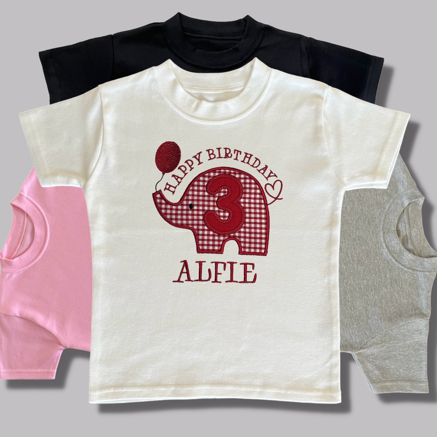 Personalised Embroidered Children's Birthday Top. Cute Applique Embroidered Elephant Personalised with Age and Name Perfect Birthday Outfit