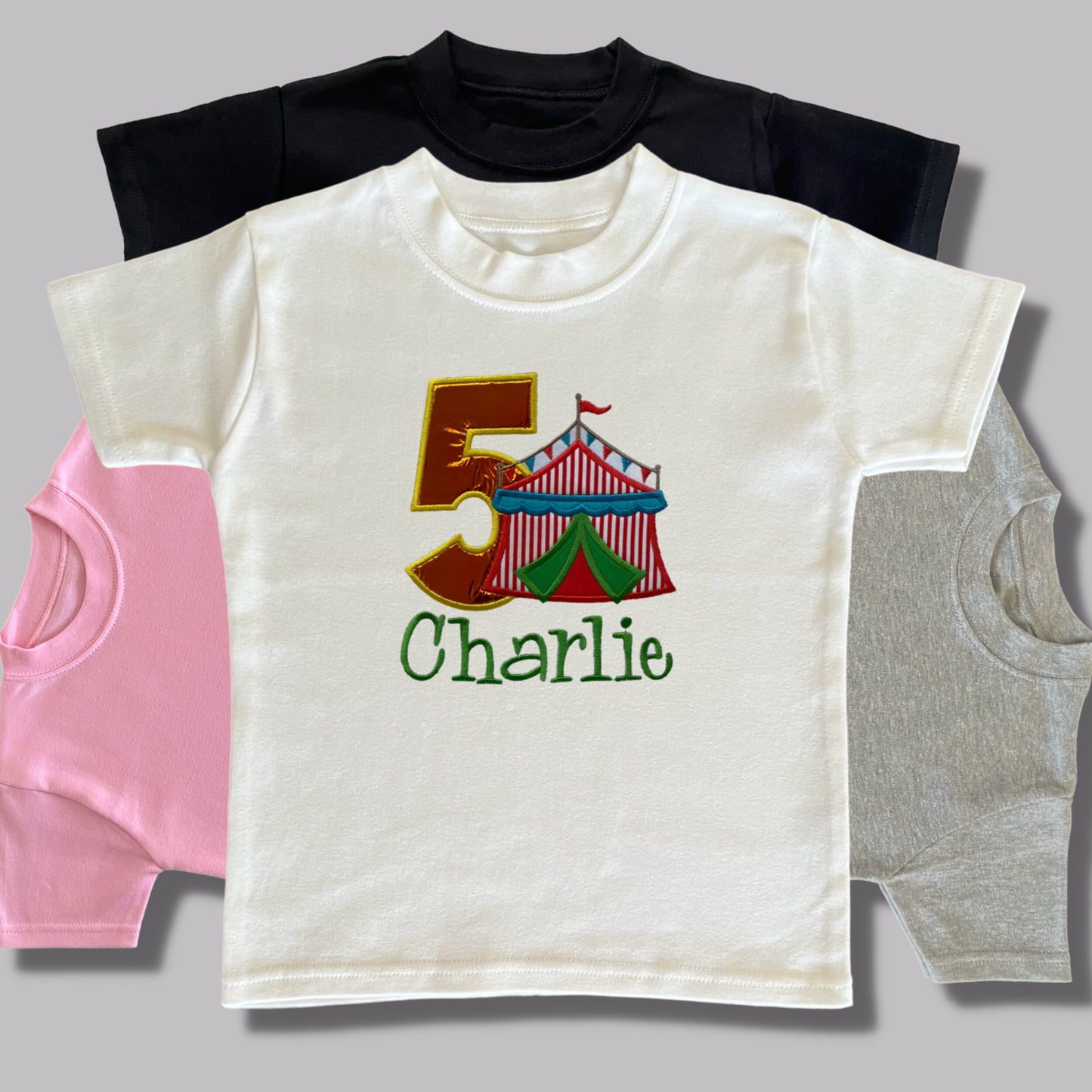 Personalised Embroidered Children's Birthday Top. Cute Applique Embroidered Circus Personalised with Age and Name Perfect Birthday Outfit