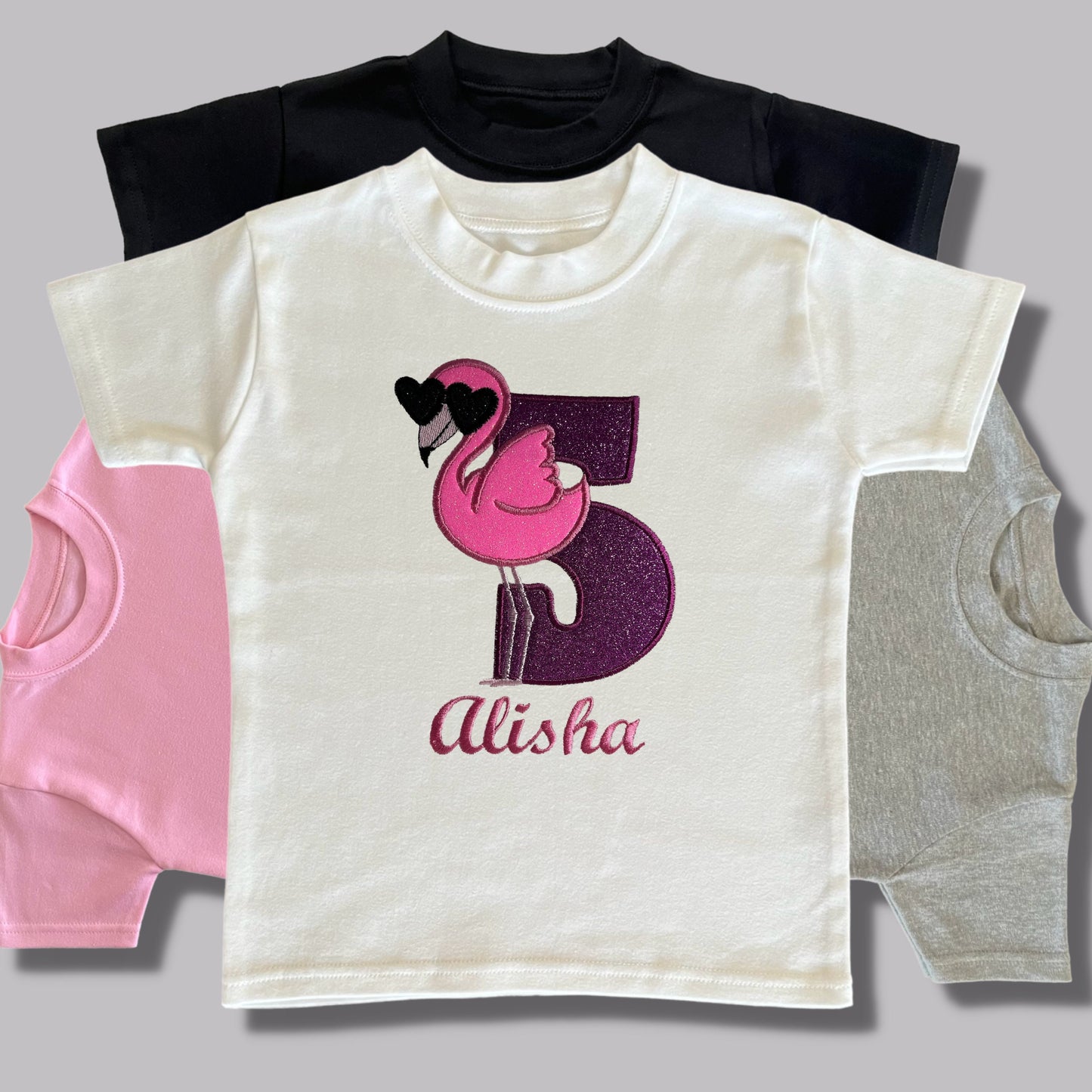 Personalised Embroidered Children's Birthday Top. Cute Glittery Flamingo Wearing Sunglasses and Child's Age & Name. Perfect Birthday Outfit