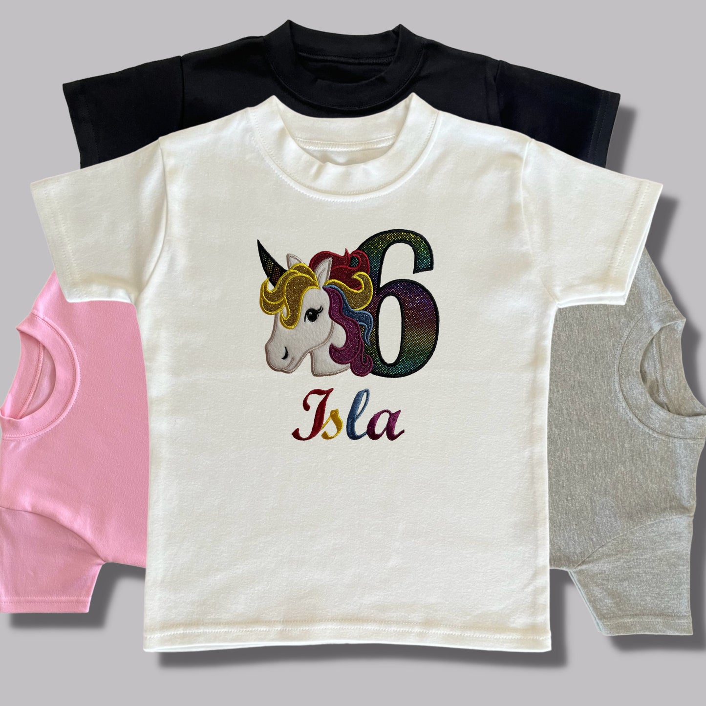 Personalised Embroidered Children's Birthday Top. Unicorn Design using Glittery Applique with Child's Age & Name. Perfect Birthday Outfit