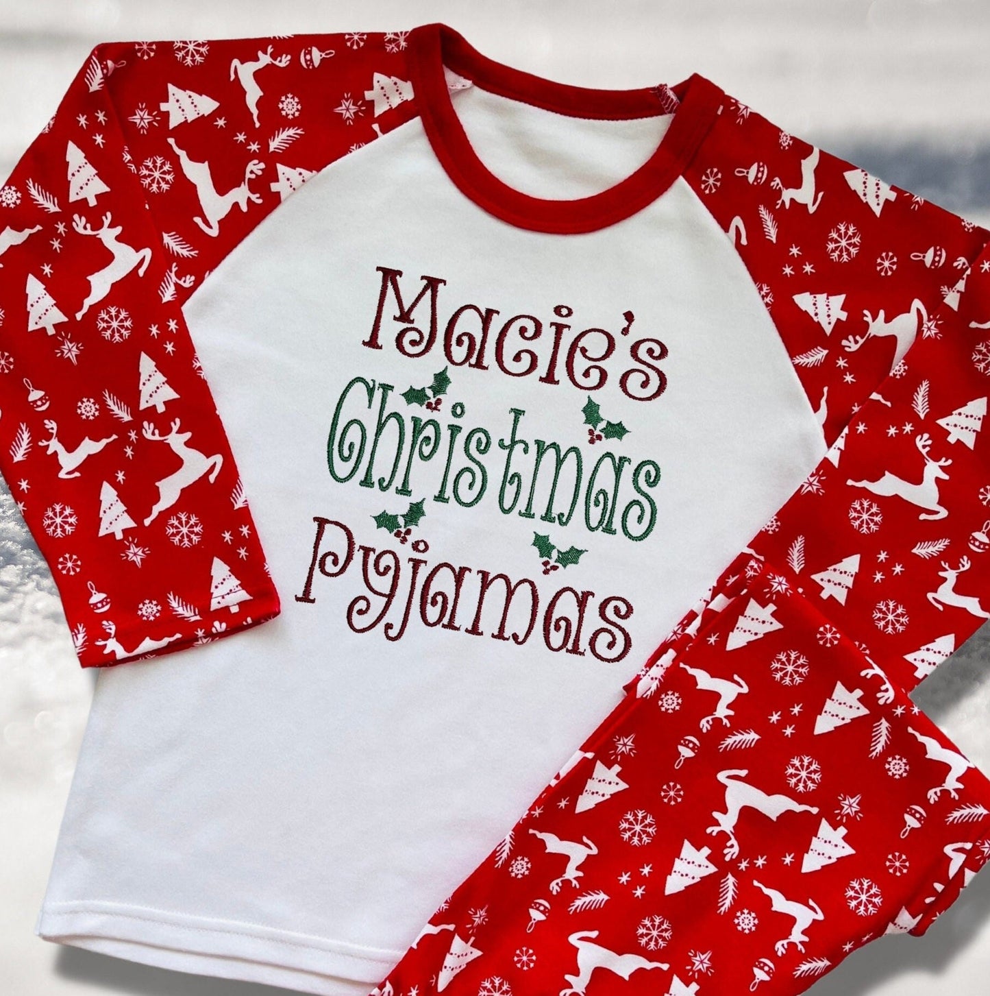 Personalised Embroidered Christmas Childrens Pyjamas and Rompersuits with a Message Embroidered in a Festive Font. A Perfect Christmas Gift.