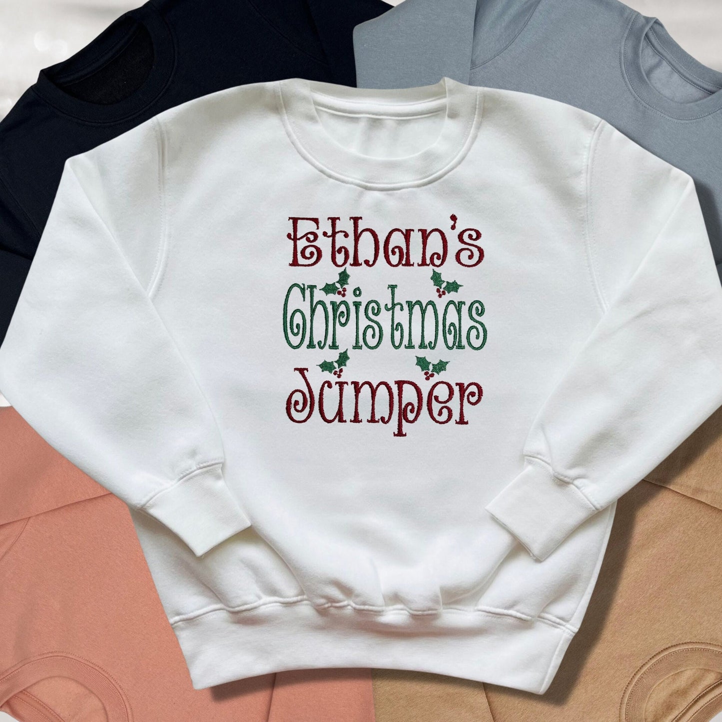 Personalised Embroidered Childrens Christmas Top. Cute 'Christmas Jumper' Design Personalised with Name. Perfect for the Christmas Season.