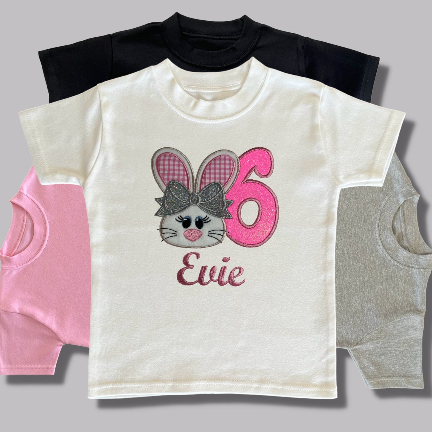Personalised Embroidered Children's Birthday Top. Cute Bunny Design using Glittery Applique with Child's Age & Name. Perfect Birthday Outfit