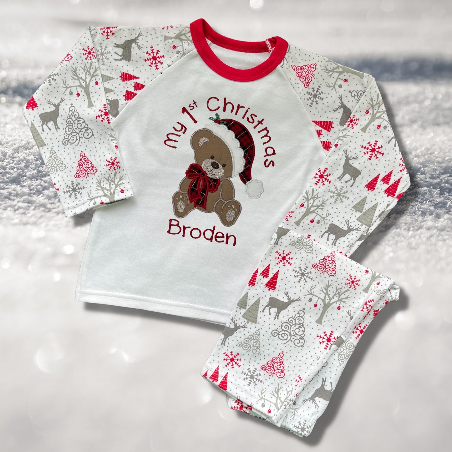 Personalised Embroidered Christmas Childrens Pyjamas and Rompersuits with a Cute Bear dressed in Tartan Merry Christmas or My 1st Christmas