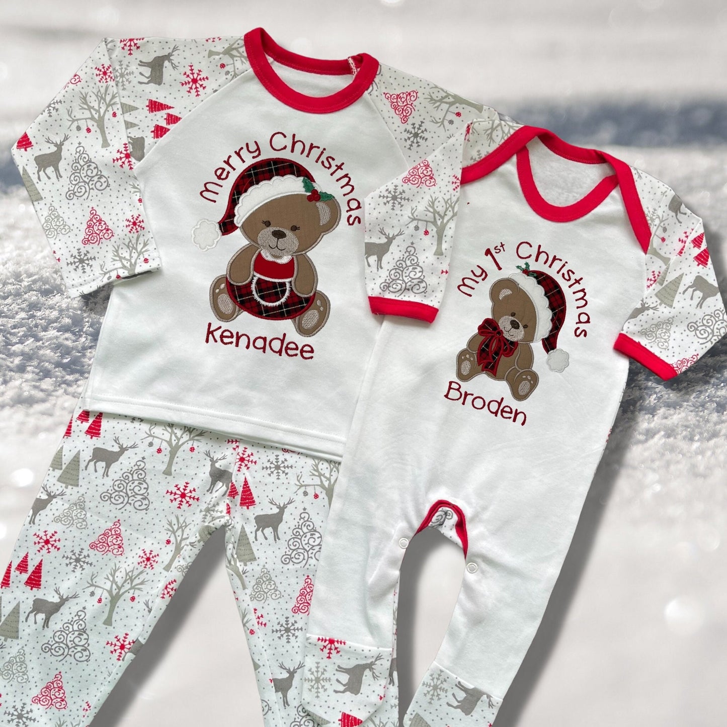 Personalised Embroidered Christmas Childrens Pyjamas and Rompersuits with a Cute Bear dressed in Tartan Merry Christmas or My 1st Christmas