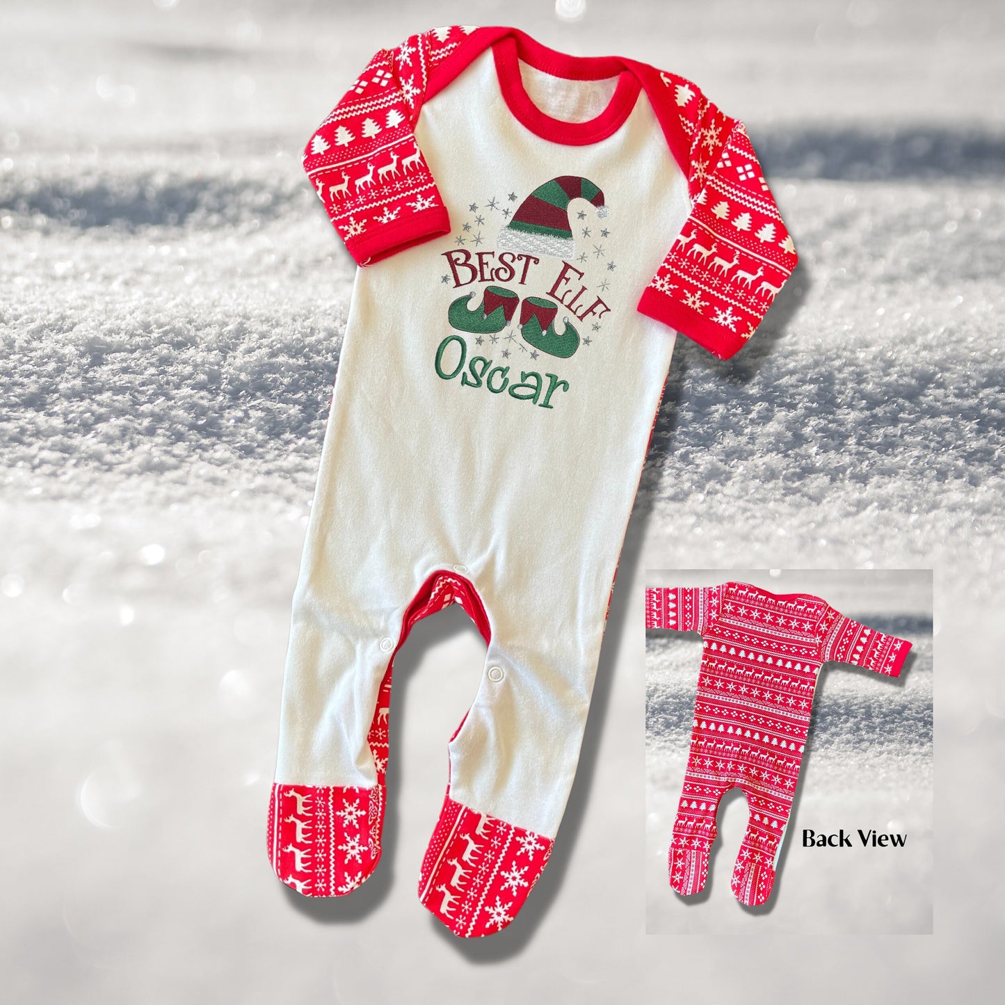 Personalised Embroidered Christmas Childrens Pyjamas and Rompersuits with a Cute 'Best Elf' Christmas Design