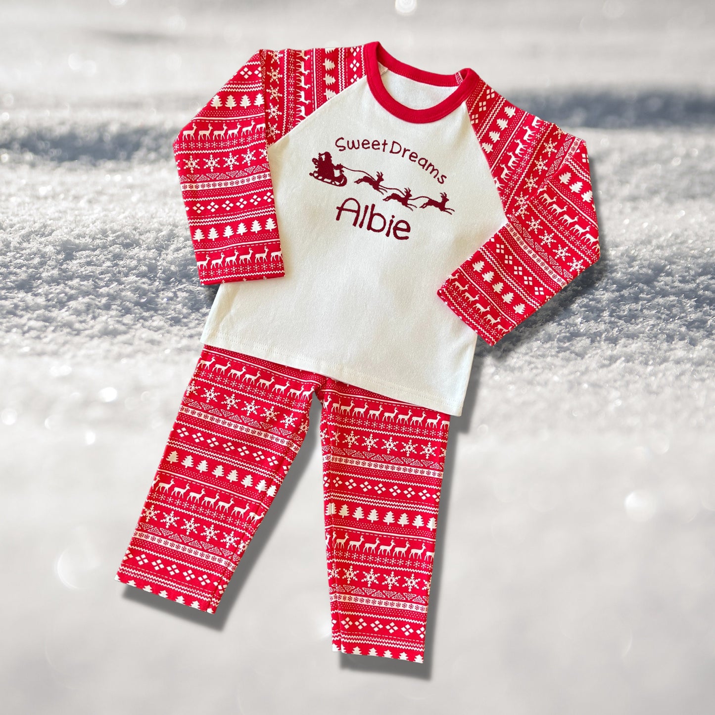 Personalised Embroidered Christmas Childrens Pyjamas and Rompersuits with Santa and His Sleigh. A Perfect Christmas Gift
