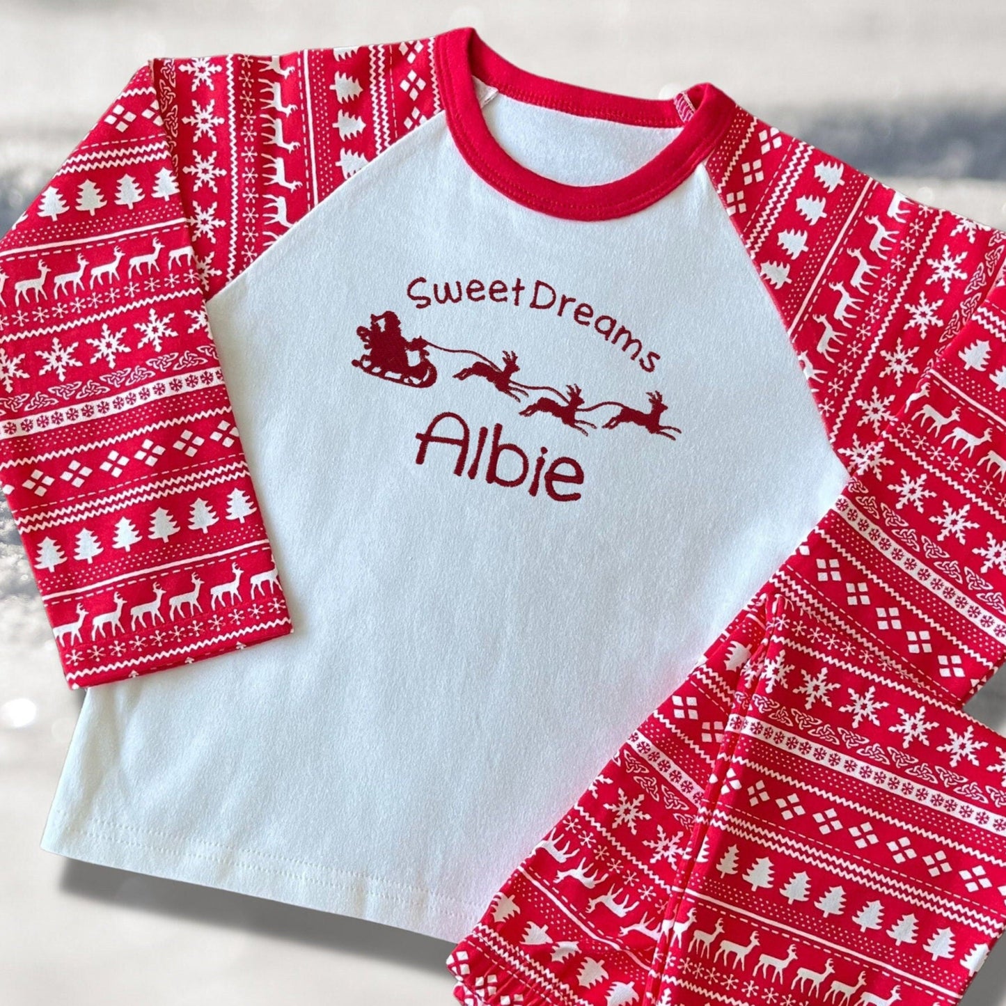 Personalised Embroidered Christmas Childrens Pyjamas and Rompersuits with Santa and His Sleigh. A Perfect Christmas Gift