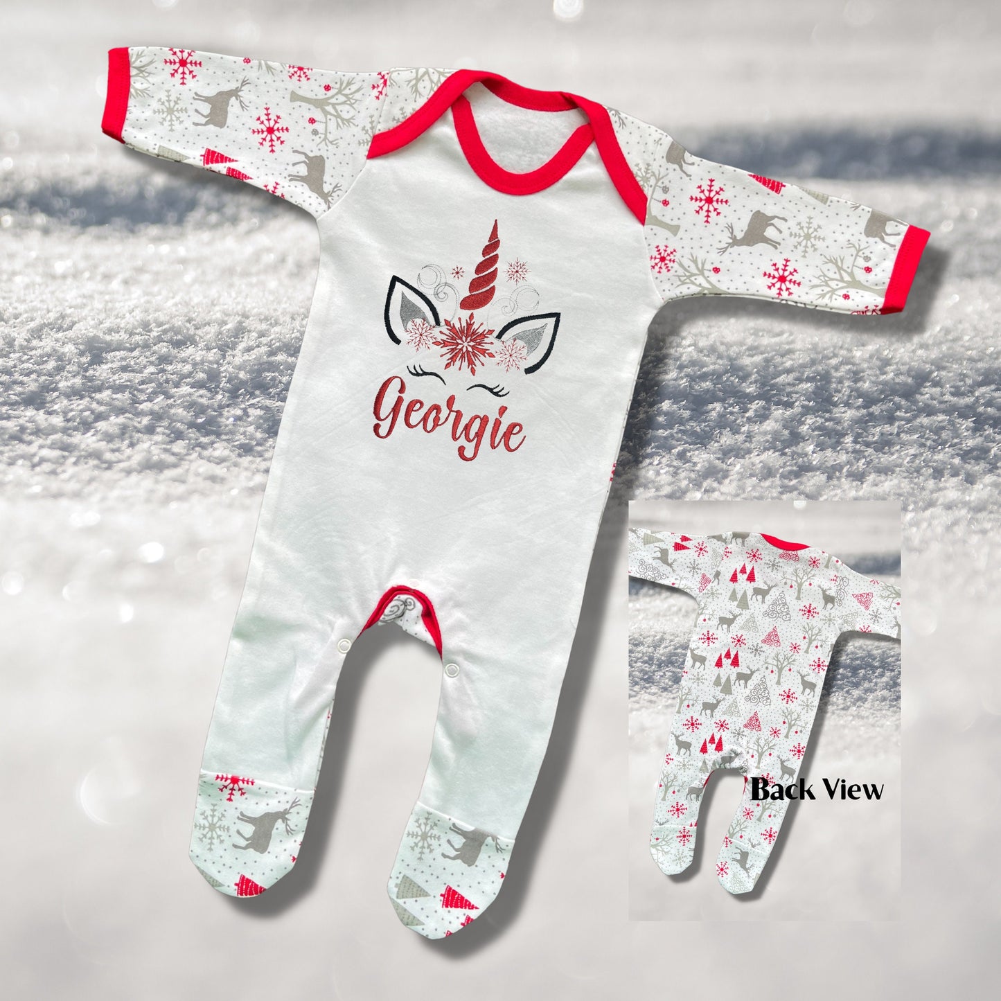 Personalised Embroidered Christmas Childrens Pyjamas and Rompersuits with a Super Cute Unicorn Xmas Designs