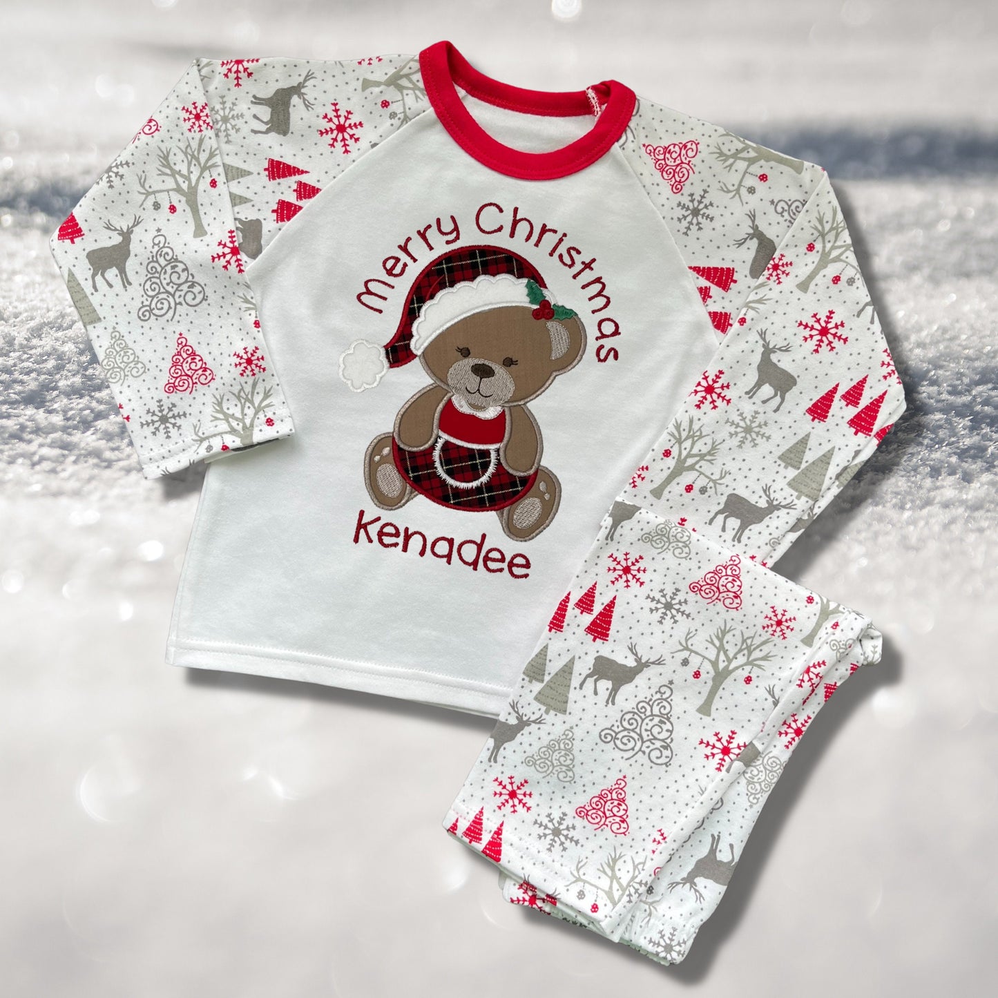 Personalised Embroidered Christmas Childrens Pyjamas and Rompersuits with a Cute Bear dressed in Tartan Merry Christmas or My 1st Christmas