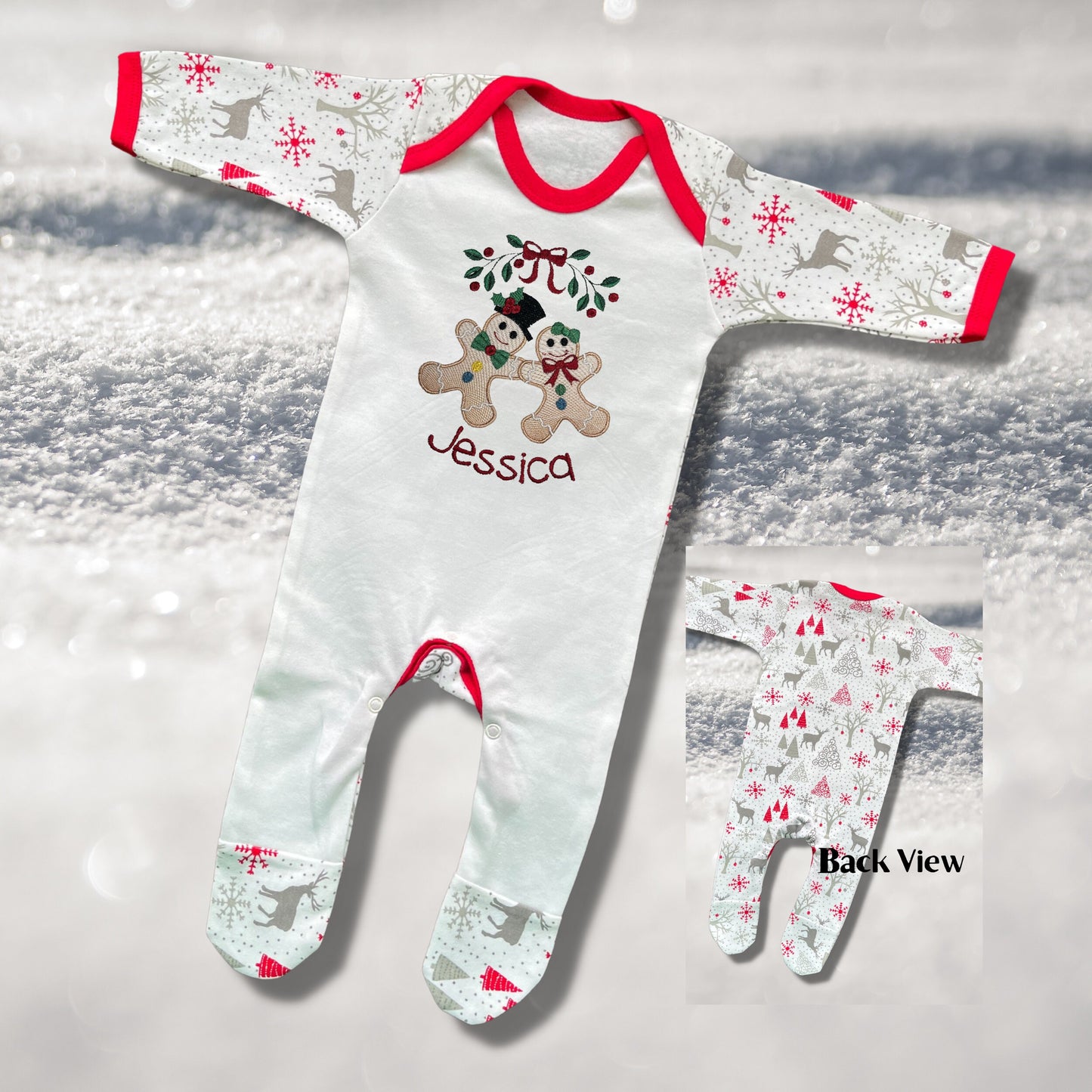 Personalised Embroidered Christmas Childrens Pyjamas and Rompersuits with the Cutest Gingerbread Girl and Boy Holding Hands Under a Garland.