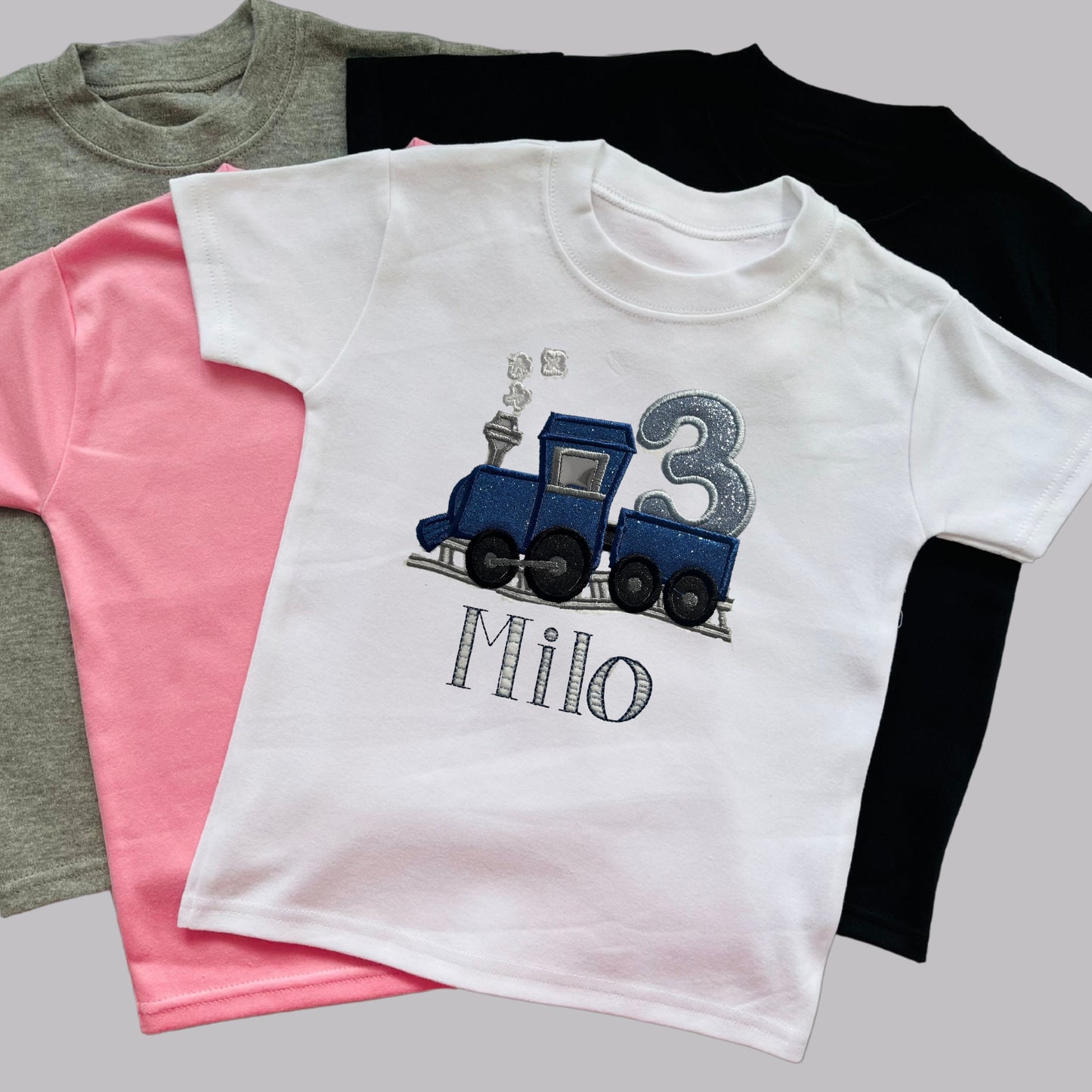 Personalised Embroidered Children's Birthday Top. Cute Applique Embroidered Train Personalised with Age and Name Perfect Birthday Outfit