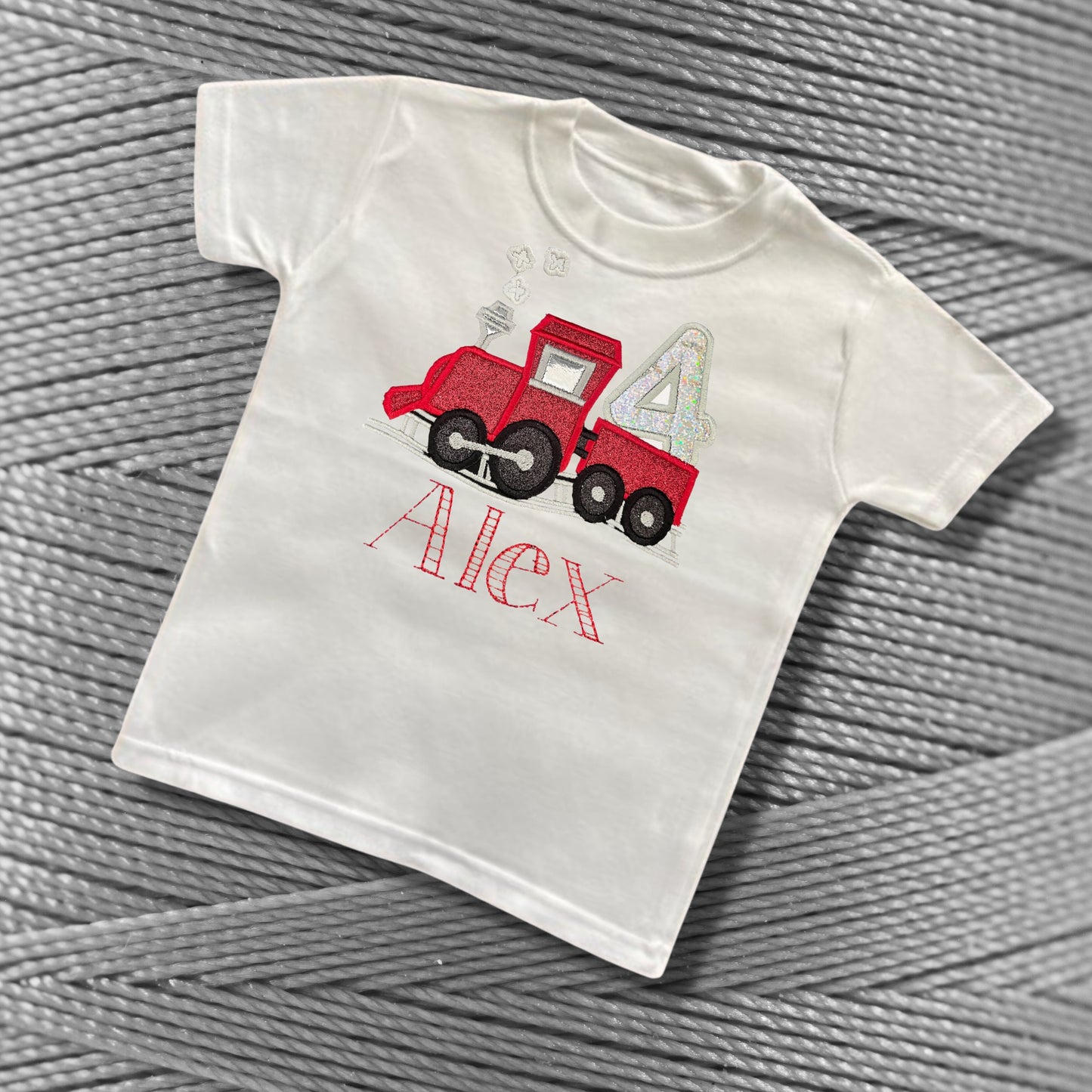 Personalised Embroidered Children's Birthday Top. Cute Applique Embroidered Train Personalised with Age and Name Perfect Birthday Outfit