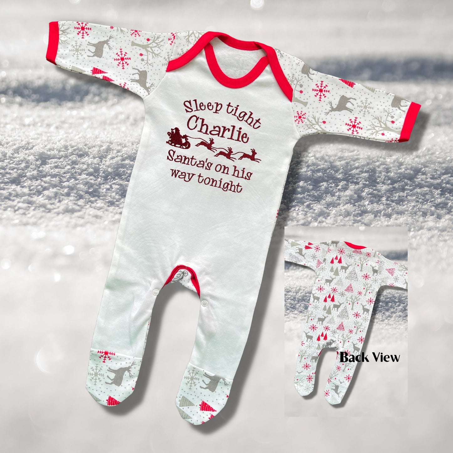 Personalised Embroidered Christmas Childrens Pyjamas and Rompersuits. Santa and His Sleigh. 'Santa's on his way'. A Perfect Christmas Gift
