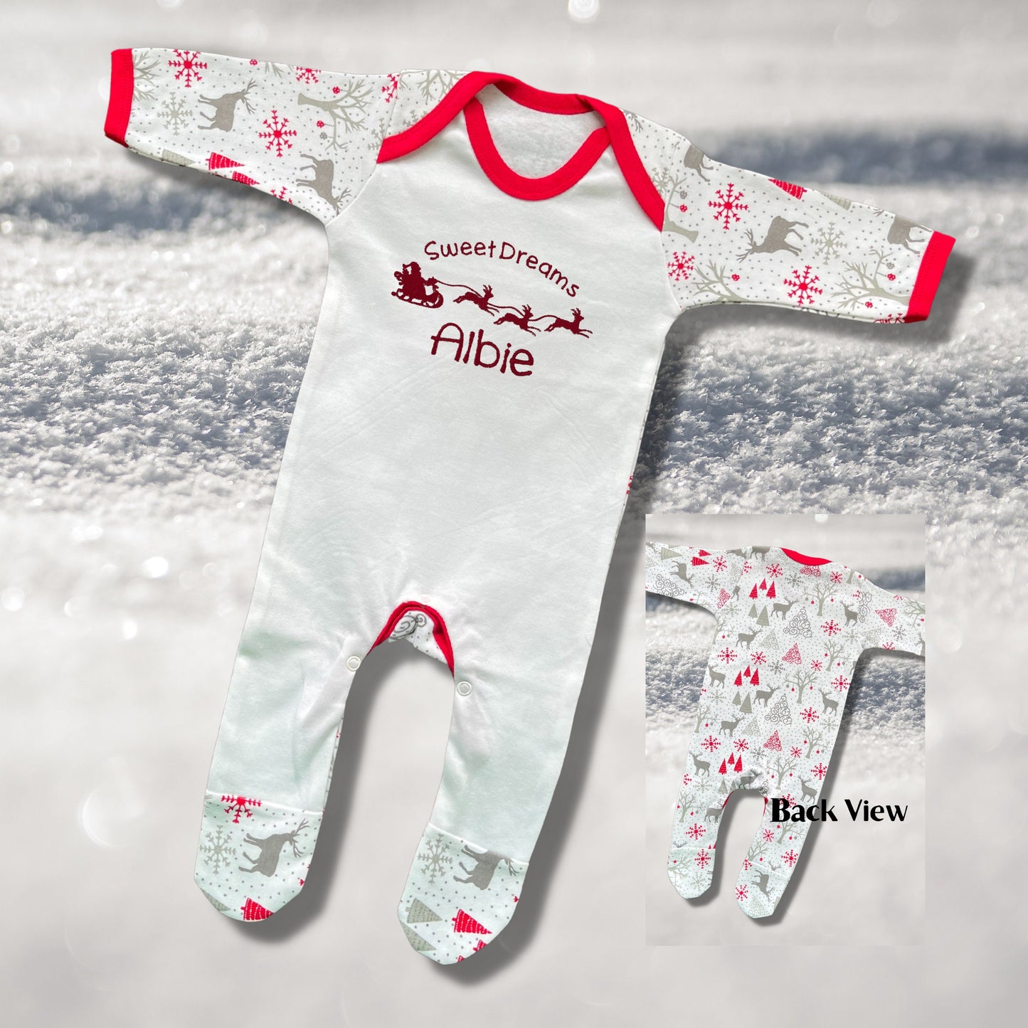 Personalised Embroidered Christmas Childrens Pyjamas and Rompersuits with Santa and His Sleigh. A Perfect Christmas Gift
