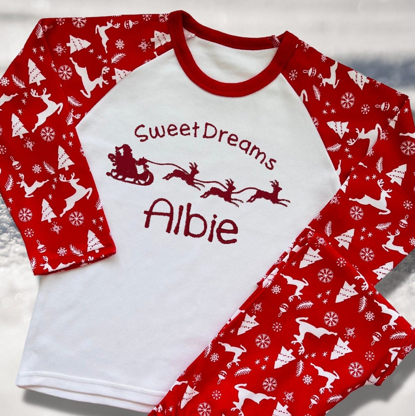 Personalised Embroidered Christmas Childrens Pyjamas and Rompersuits with Santa and His Sleigh. A Perfect Christmas Gift