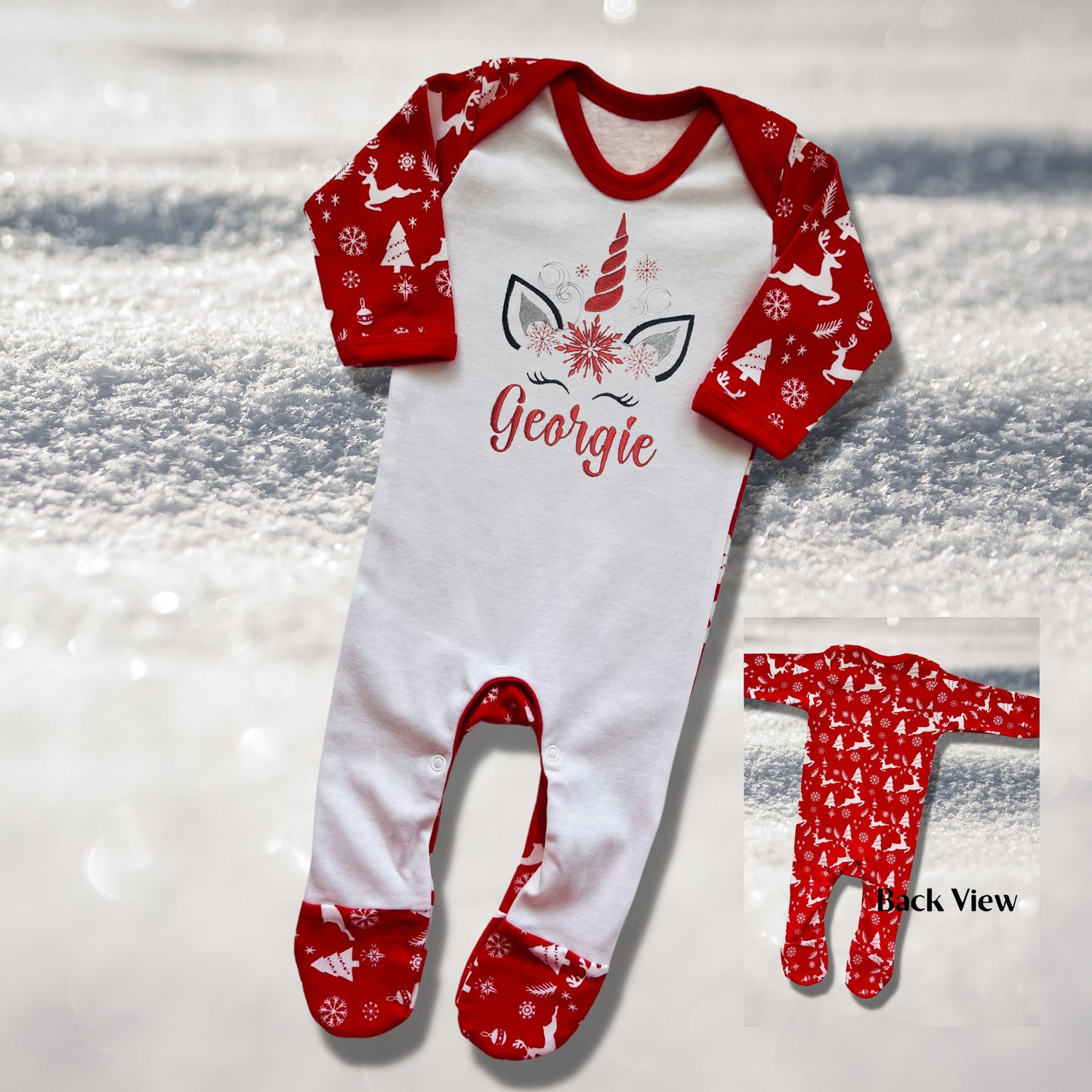 Personalised Embroidered Christmas Childrens Pyjamas and Rompersuits with a Super Cute Unicorn Xmas Designs