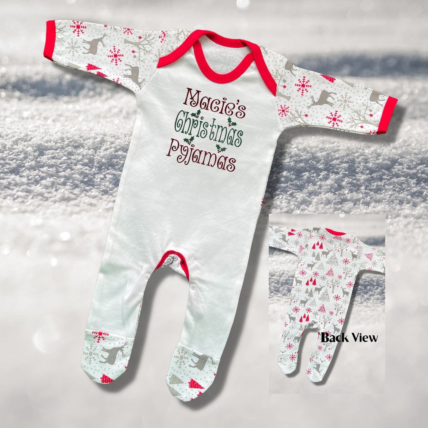 Personalised Embroidered Christmas Childrens Pyjamas and Rompersuits with a Message Embroidered in a Festive Font. A Perfect Christmas Gift.