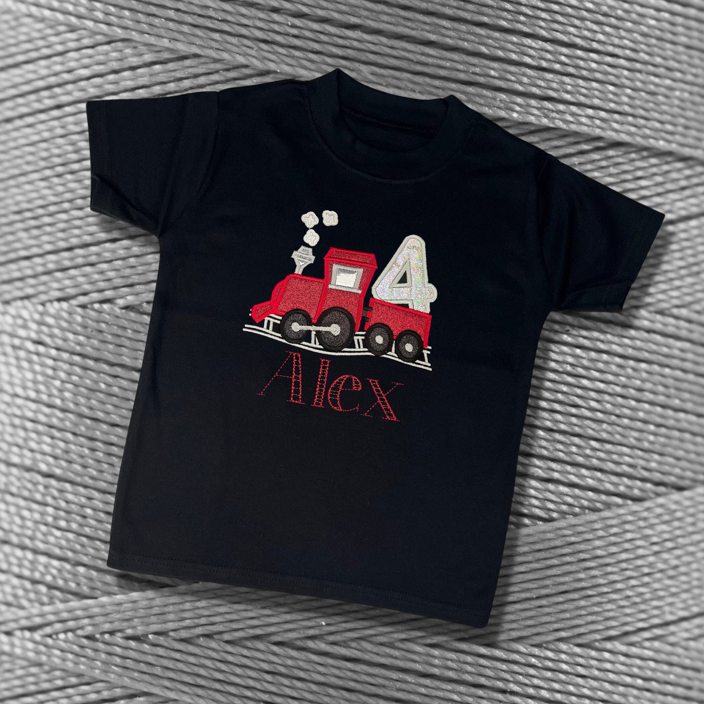 Personalised Embroidered Children's Birthday Top. Cute Applique Embroidered Train Personalised with Age and Name Perfect Birthday Outfit