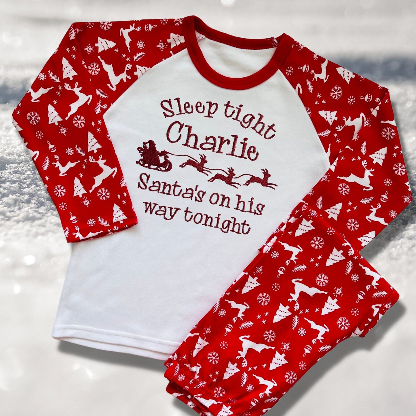 Personalised Embroidered Christmas Childrens Pyjamas and Rompersuits. Santa and His Sleigh. 'Santa's on his way'. A Perfect Christmas Gift