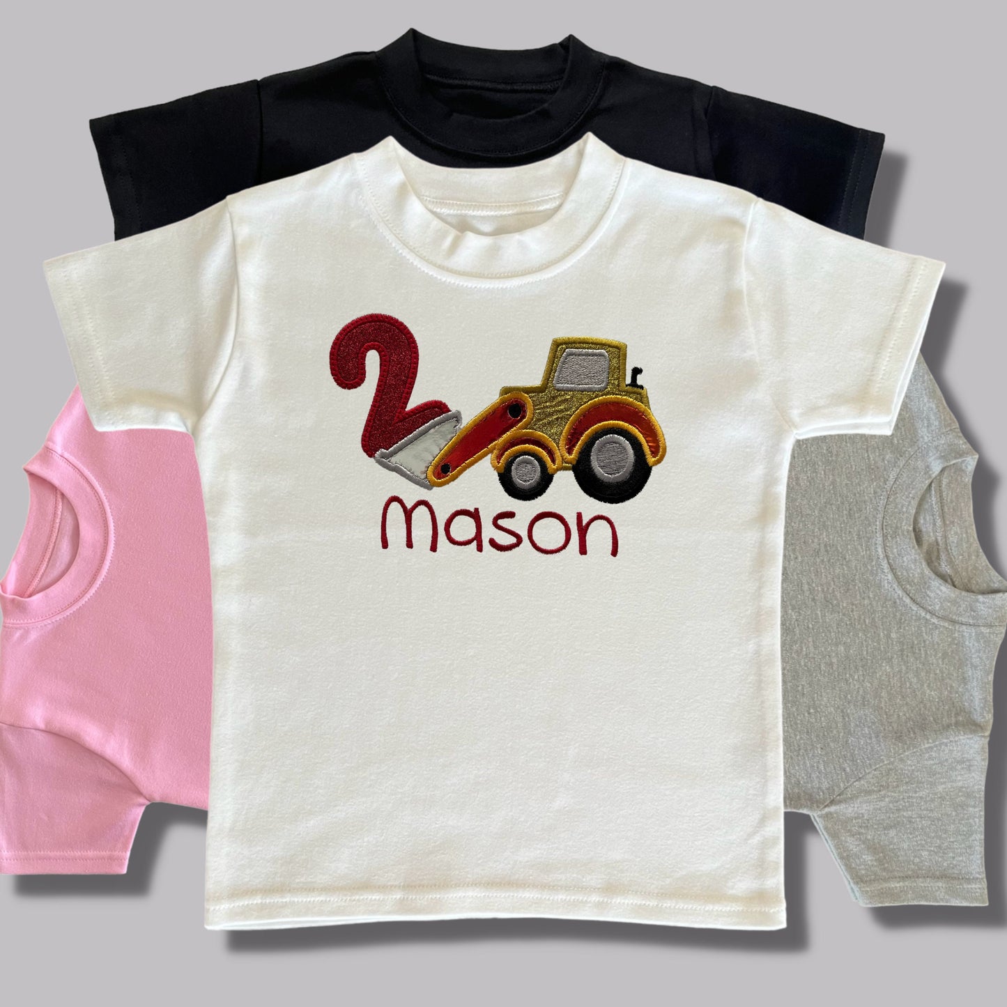 Personalised Embroidered Children's Birthday Top. Cute Applique Embroidered Construction Vehicle Personalised with Age and Name
