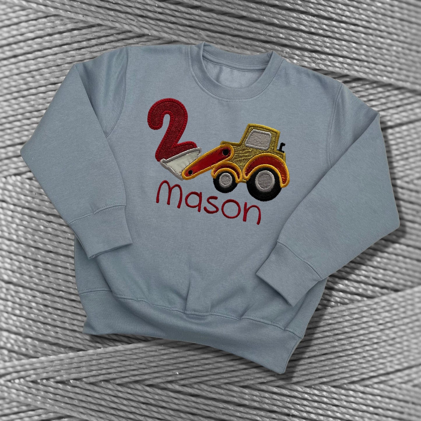Personalised Embroidered Children's Birthday Top. Cute Applique Embroidered Construction Vehicle Personalised with Age and Name