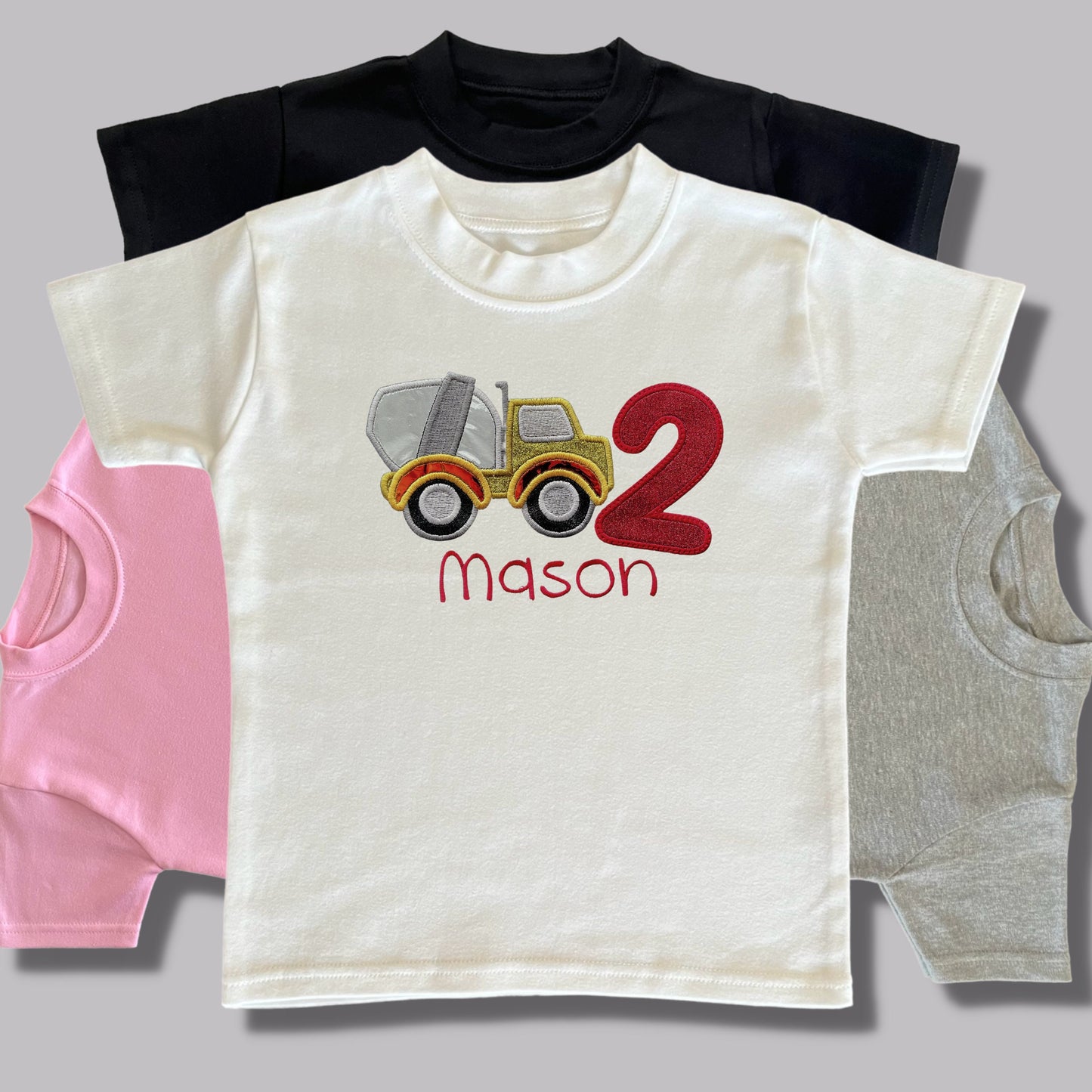 Personalised Embroidered Children's Birthday Top. Cute Applique Embroidered Construction Vehicle Personalised with Age and Name