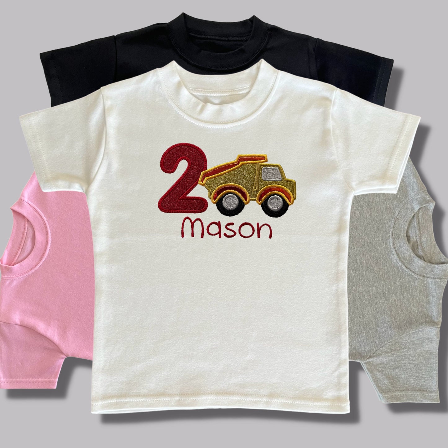 Personalised Embroidered Children's Birthday Top. Cute Applique Embroidered Construction Vehicle Personalised with Age and Name