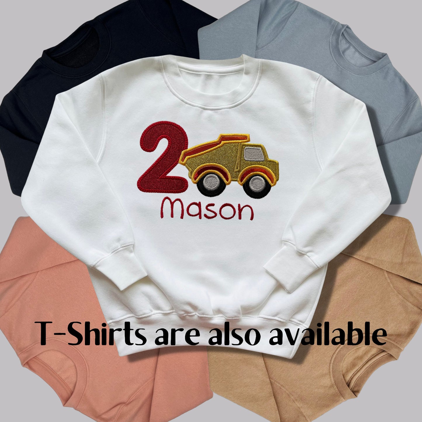Personalised Embroidered Children's Birthday Top. Cute Applique Embroidered Construction Vehicle Personalised with Age and Name