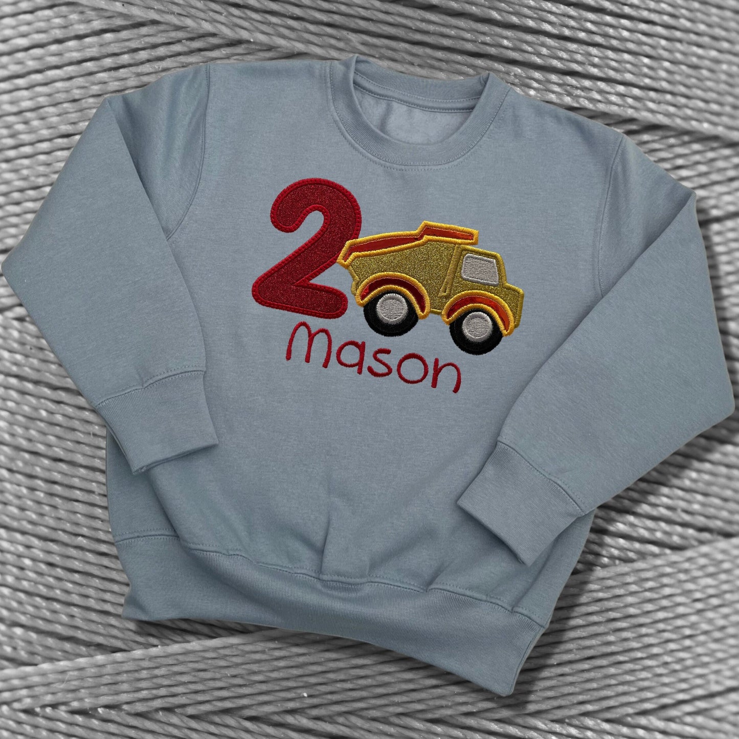Personalised Embroidered Children's Birthday Top. Cute Applique Embroidered Construction Vehicle Personalised with Age and Name