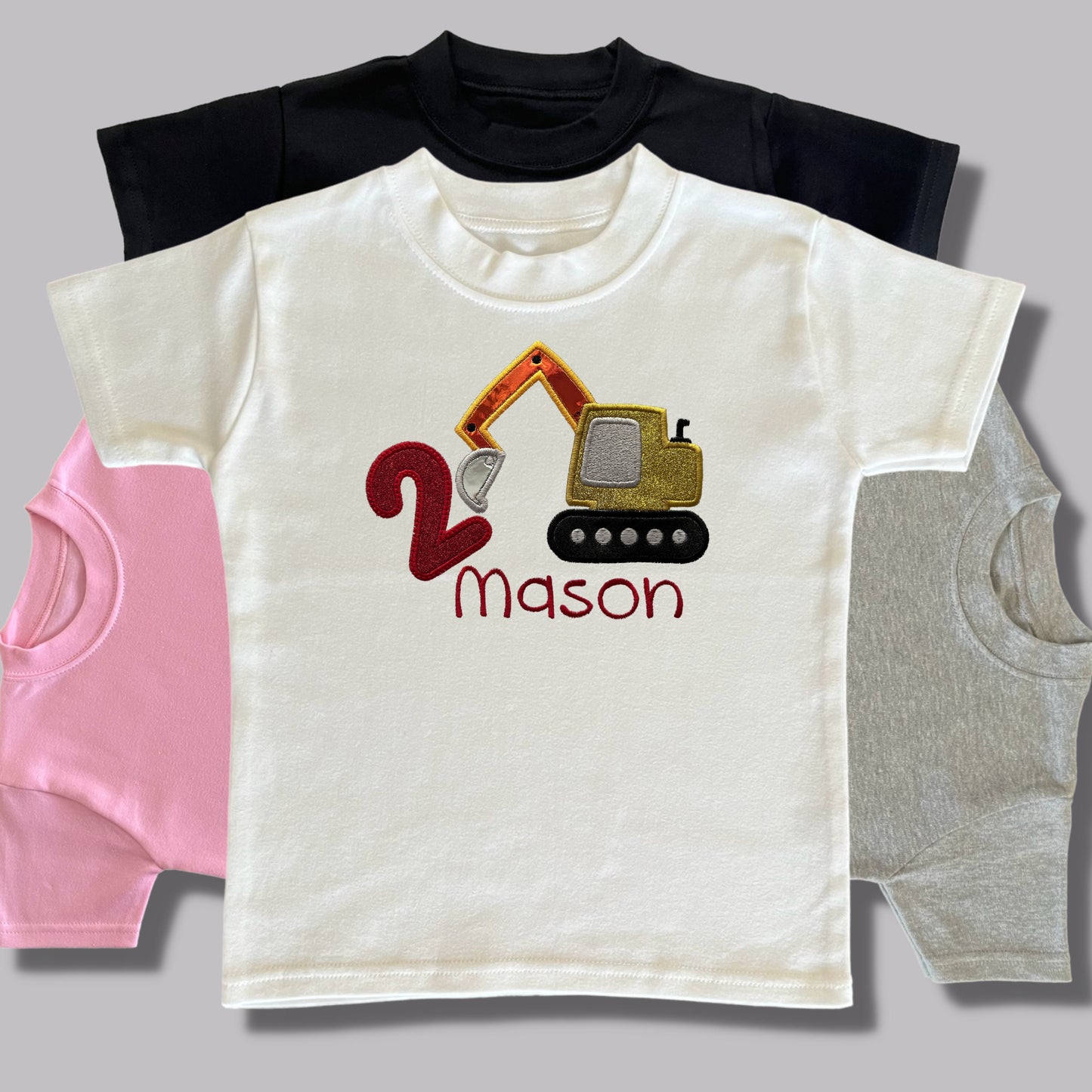 Personalised Embroidered Children's Birthday Top. Cute Applique Embroidered Construction Vehicle Personalised with Age and Name