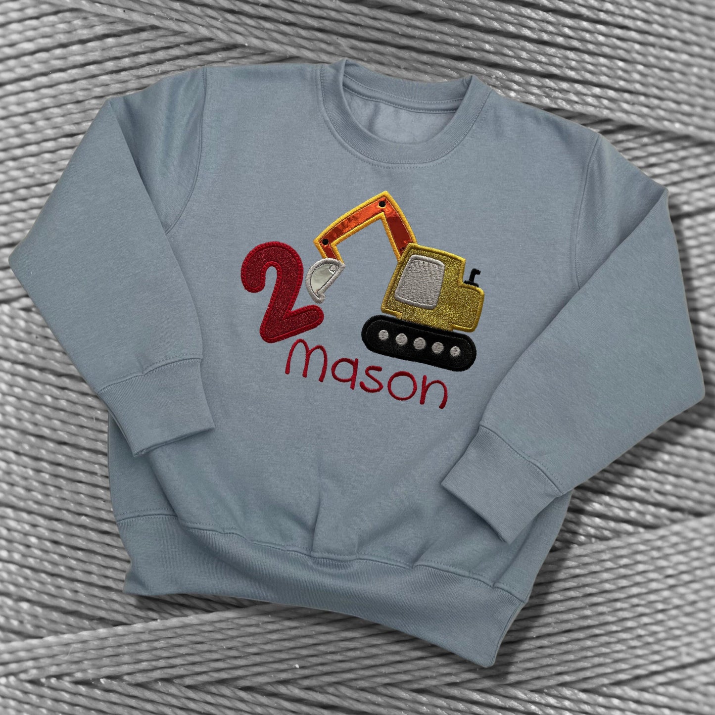 Personalised Embroidered Children's Birthday Top. Cute Applique Embroidered Construction Vehicle Personalised with Age and Name