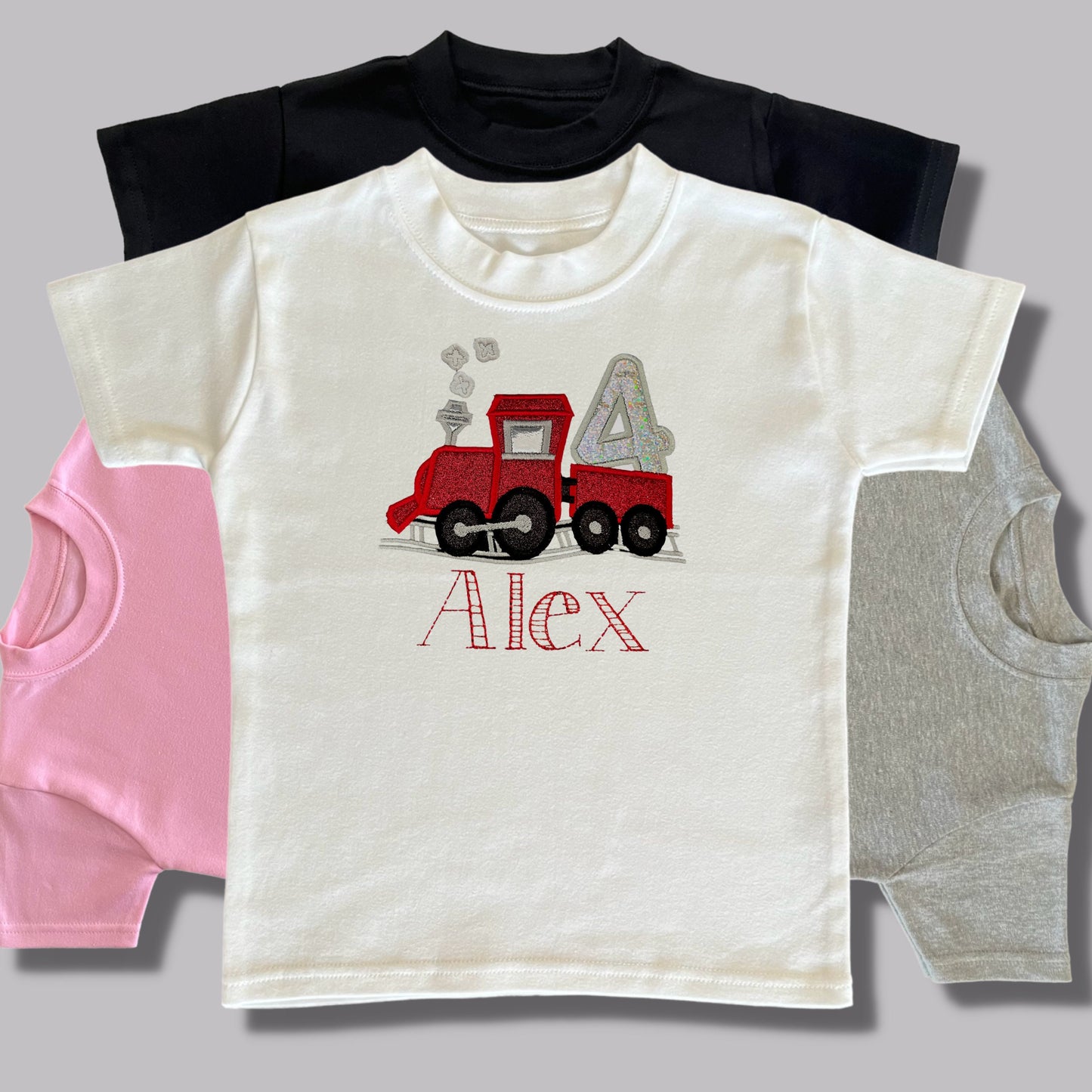 Personalised Embroidered Children's Birthday Top. Cute Applique Embroidered Train Personalised with Age and Name Perfect Birthday Outfit